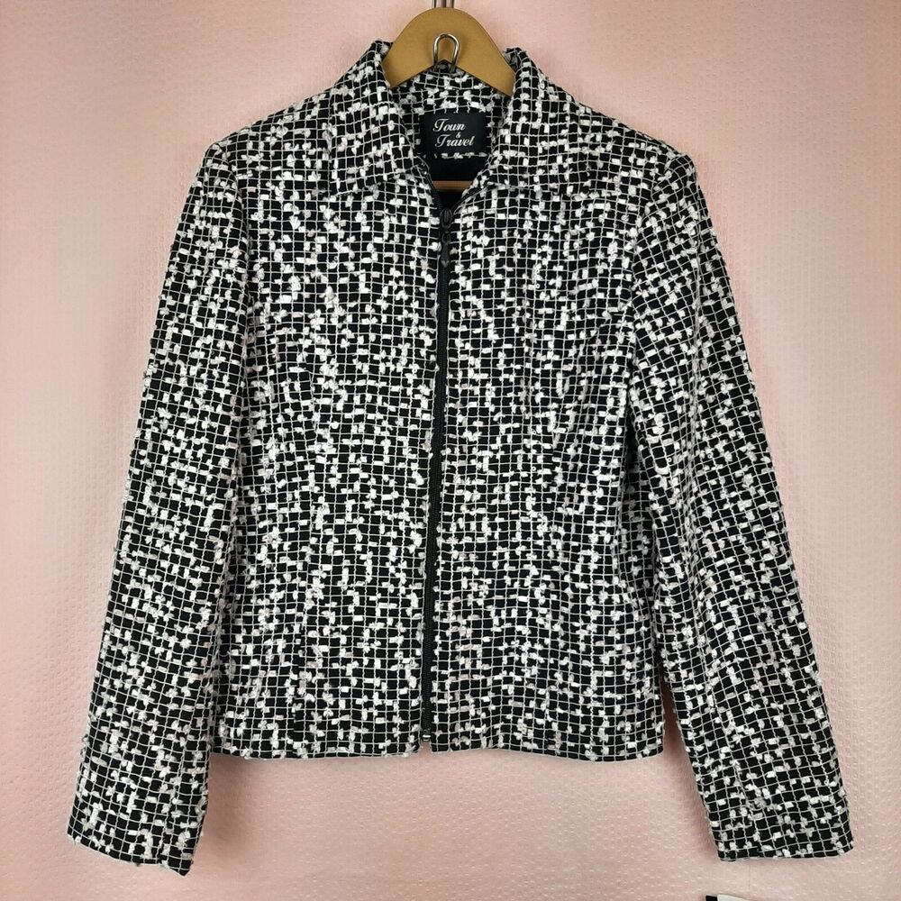 Vintage Town & Travel Women Zip Blazer Jacket Floral Black White Plaid Size 4